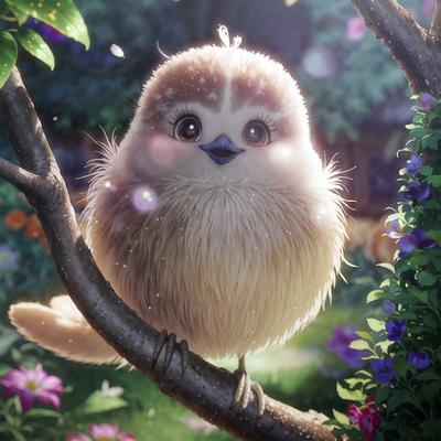 The primary subject of the image is a small, cute bird perched on a tree branch. The bird appears to be a cartoon or animated character, giving it a whimsical and playful appearance. The setting is a lush, green environment with a variety of flowers surrounding the bird. The visual style of the image is a combination of photo and digital art, creating a vibrant and colorful scene. The colors and mood of the image are predominantly bright and cheerful, with the bird's fluff